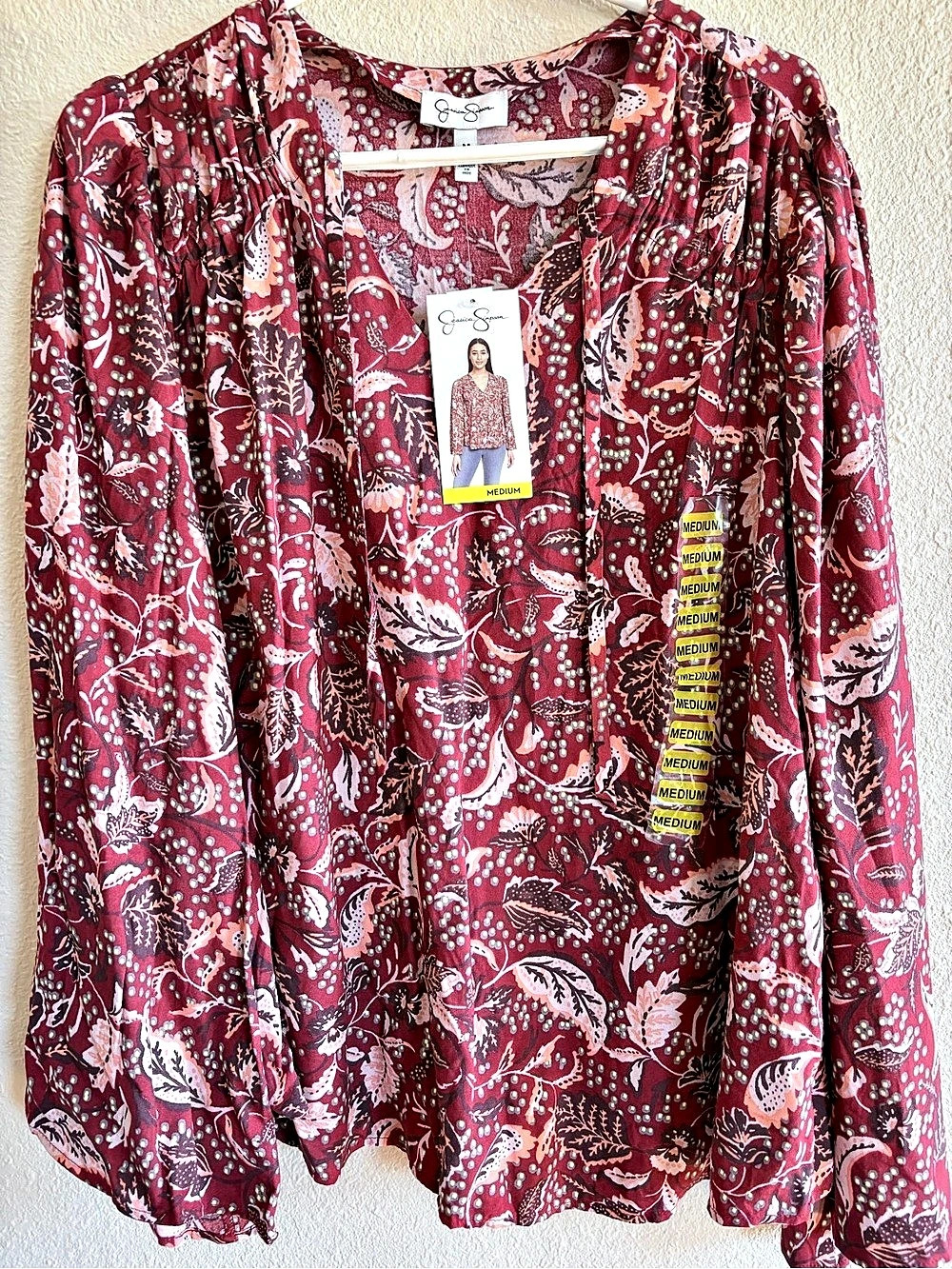 Jessica Simpson Marisol Long Sleeve Tie Neck Top Marisol Floral Tie Neck Top Red